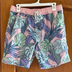 Original Use Pink and Green Leaf Print Swim Shorts
